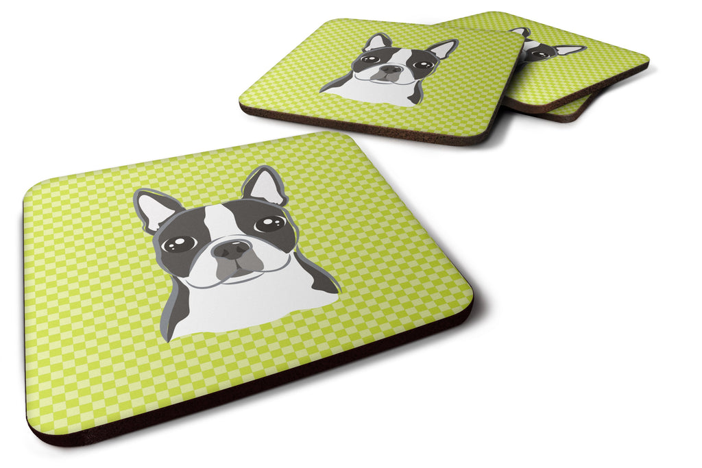 Lime Checkered Boston Terrier Foam Coasters Set of 4 Cup Coasters for Indoor Outdoor, Tabletop Protection, Anti Slip, Mouse pad Material