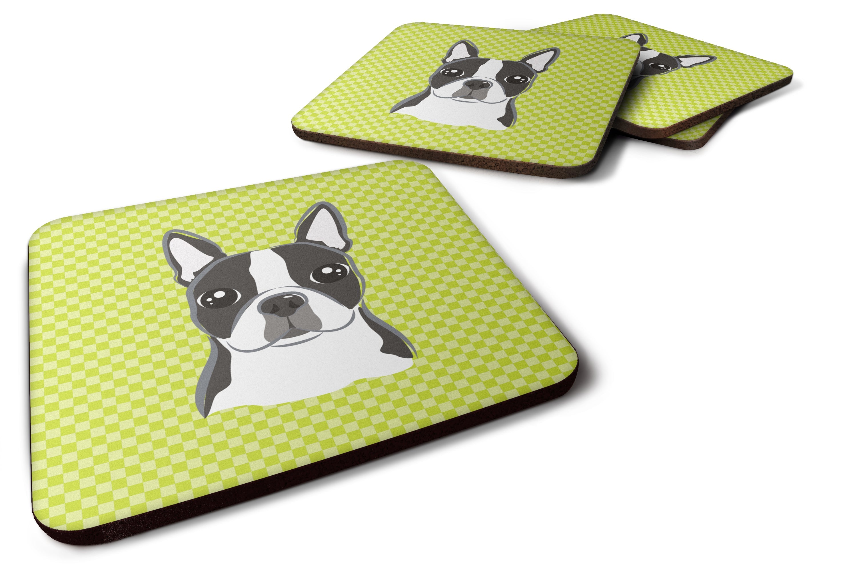Lime Checkered Boston Terrier Foam Coasters Set of 4 Cup Coasters for Indoor Outdoor, Tabletop Protection, Anti Slip, Mouse pad Material