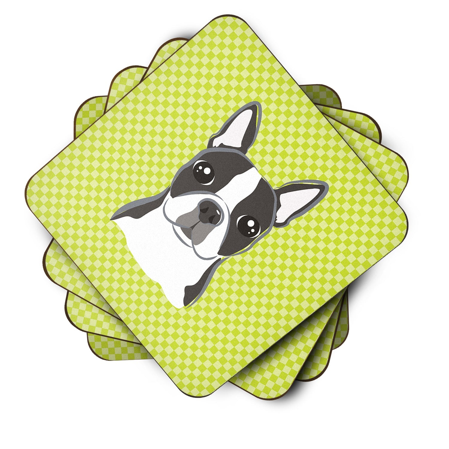 Lime Checkered Boston Terrier Foam Coasters Set of 4 Cup Coasters for Indoor Outdoor, Tabletop Protection, Anti Slip, Mouse pad Material