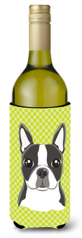 Lime Checkered Boston Terrier Wine Bottle Hugger Gift Sleeve for Standard 750 ml Bottles, Insulated Reusable Also Fits Mini Shot & Pint Bottles