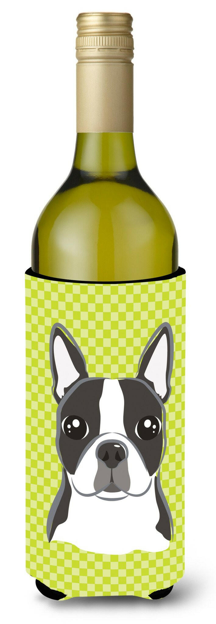Lime Checkered Boston Terrier Wine Bottle Hugger Gift Sleeve for Standard 750 ml Bottles, Insulated Reusable Also Fits Mini Shot & Pint Bottles