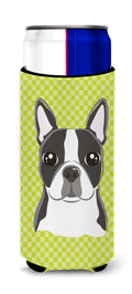 Lime Checkered Boston Terrier Slim Can Hugger , Insulated Foam Hugger for 12 oz Slim Cans, Beer Bottles & Water Bottles, Printed in USA