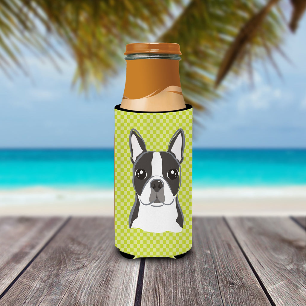 Lime Checkered Boston Terrier Slim Can Hugger , Insulated Foam Hugger for 12 oz Slim Cans, Beer Bottles & Water Bottles, Printed in USA