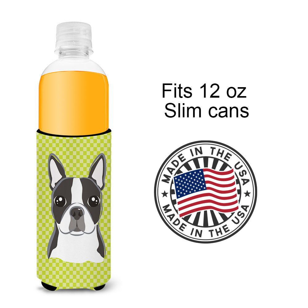Lime Checkered Boston Terrier Slim Can Hugger , Insulated Foam Hugger for 12 oz Slim Cans, Beer Bottles & Water Bottles, Printed in USA