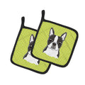 Lime Checkered Boston Terrier Pot Holder Set of 2 Heat Resistant Quilted Hot Pads 7.5 x 7.5 Inch, Insulated Kitchen Trivets for Cooking & Baking