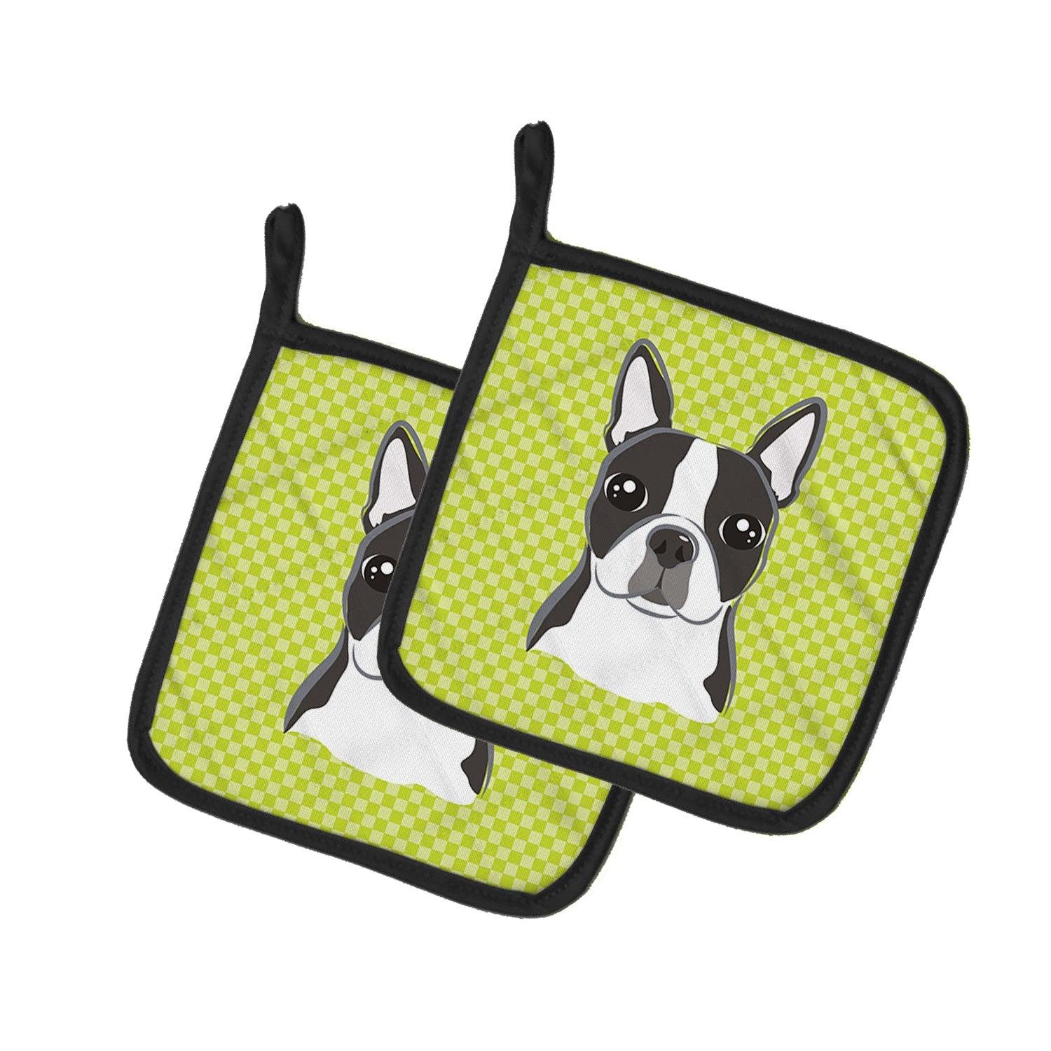 Lime Checkered Boston Terrier Pot Holder Set of 2 Heat Resistant Quilted Hot Pads 7.5 x 7.5 Inch, Insulated Kitchen Trivets for Cooking & Baking