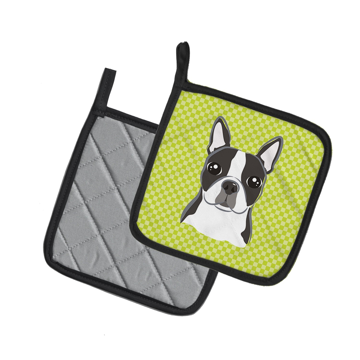 Lime Checkered Boston Terrier Pot Holder Set of 2 Heat Resistant Quilted Hot Pads 7.5 x 7.5 Inch, Insulated Kitchen Trivets for Cooking & Baking