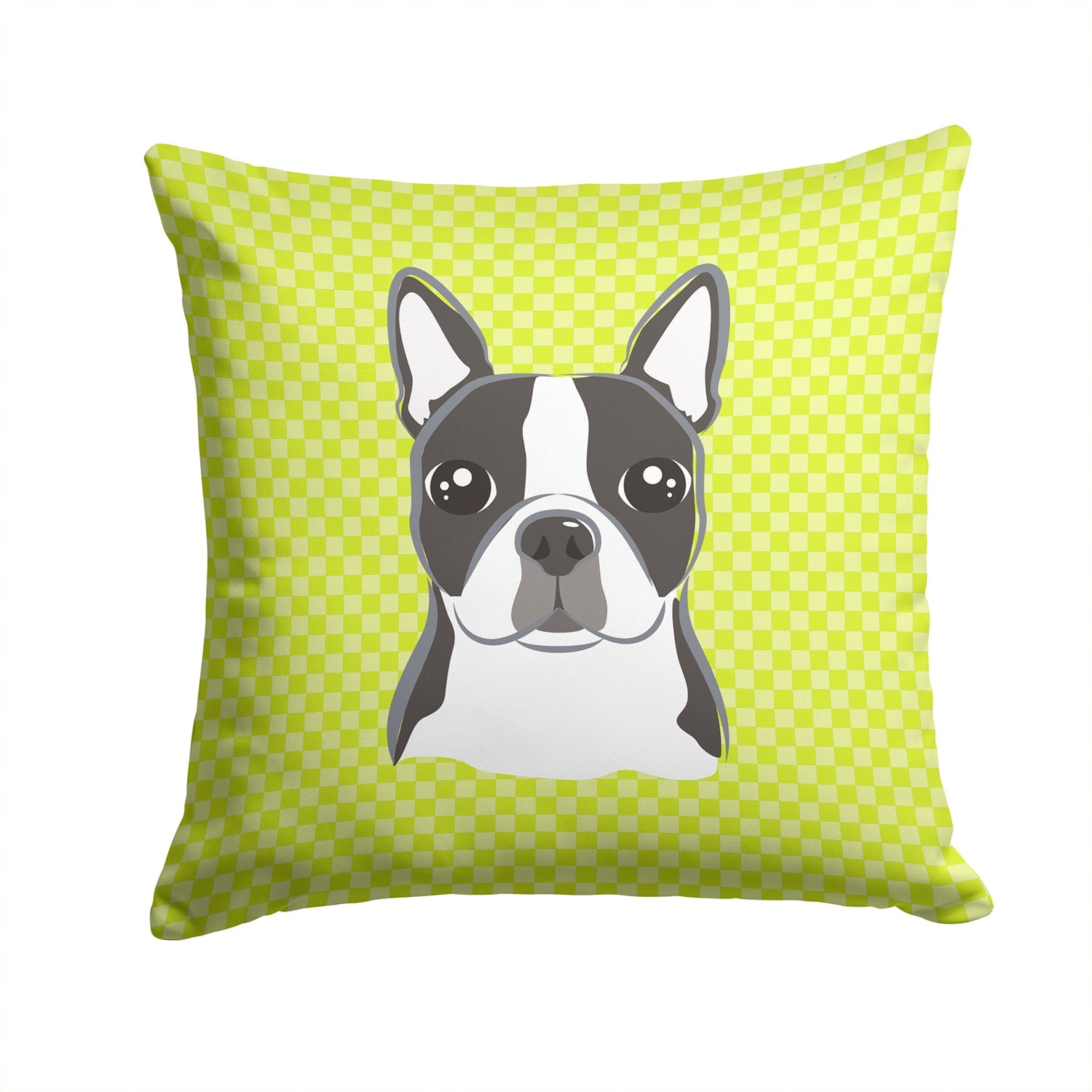 Lime Checkered Boston Terrier Decorative Throw Pillow 14x14 Indoor Outdoor Accent Cushion, Fabric Cover with Insert for Sofa, Bed, Porch & Living Room