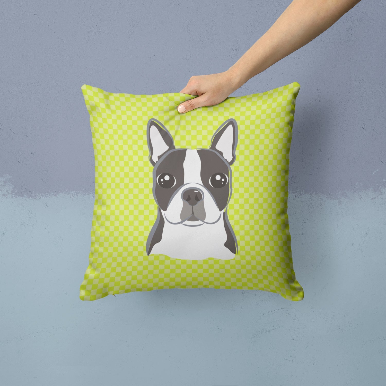 Lime Checkered Boston Terrier Decorative Throw Pillow 14x14 Indoor Outdoor Accent Cushion, Fabric Cover with Insert for Sofa, Bed, Porch & Living Room