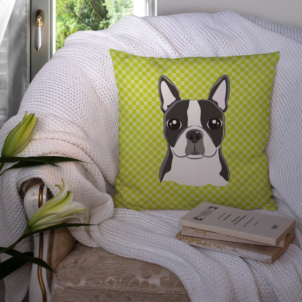 Lime Checkered Boston Terrier Decorative Throw Pillow 14x14 Indoor Outdoor Accent Cushion, Fabric Cover with Insert for Sofa, Bed, Porch & Living Room