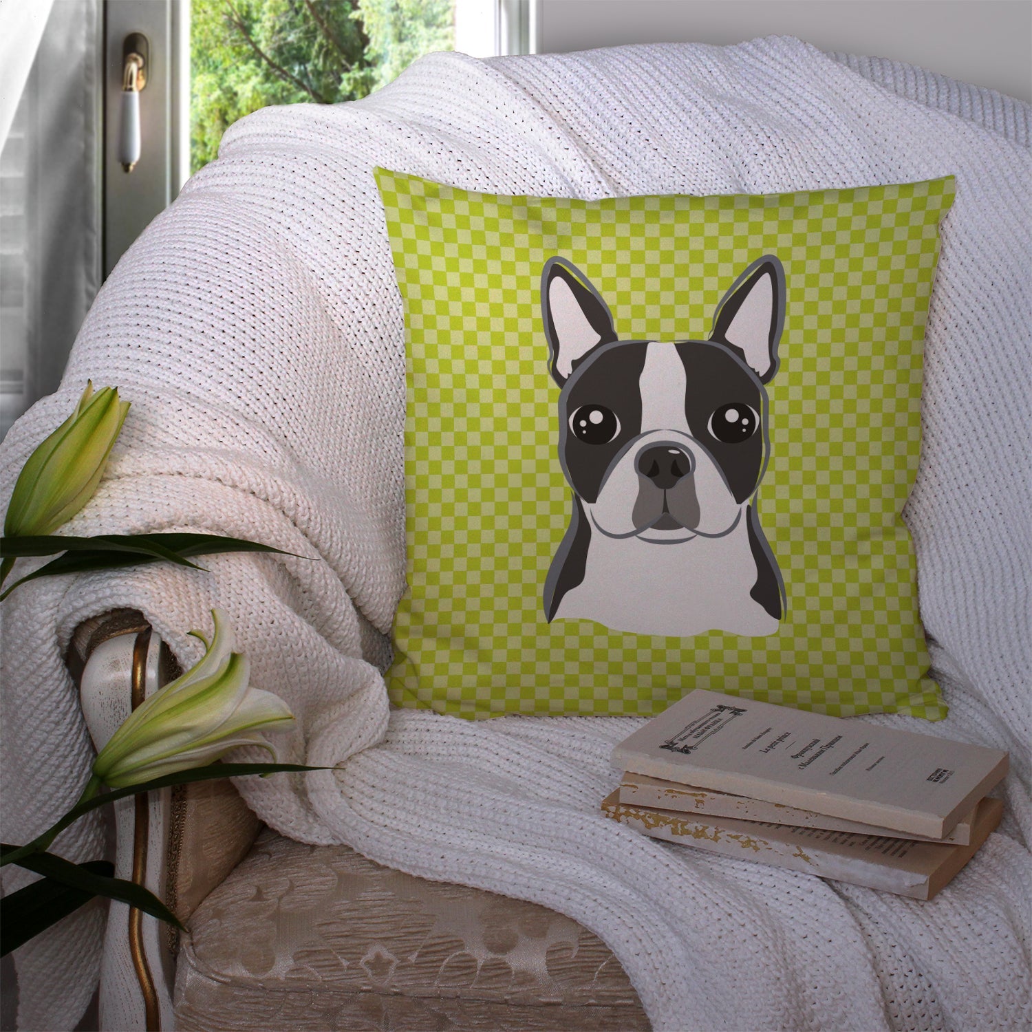 Lime Checkered Boston Terrier Decorative Throw Pillow 14x14 Indoor Outdoor Accent Cushion, Fabric Cover with Insert for Sofa, Bed, Porch & Living Room