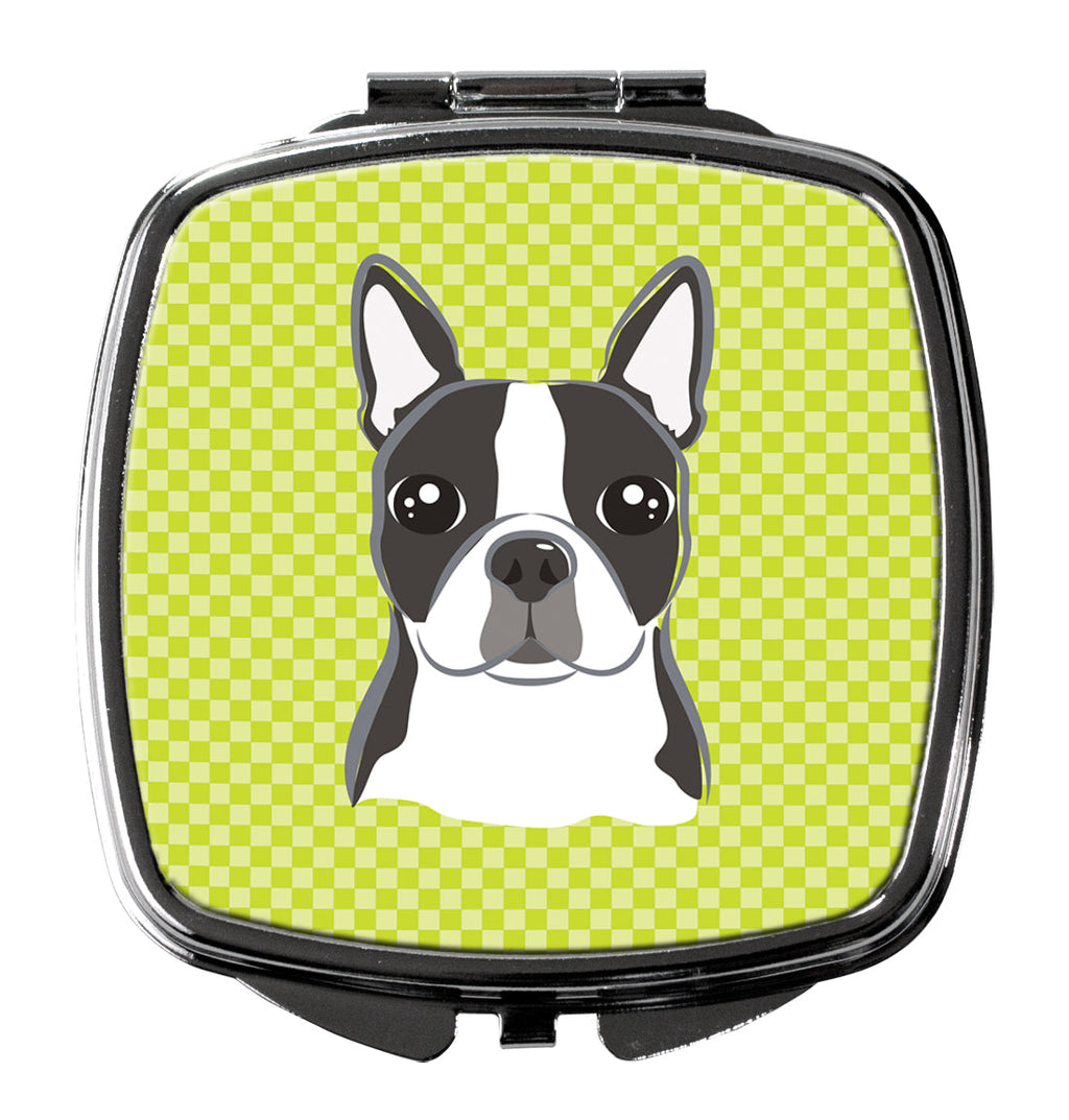 Lime Checkered Boston Terrier Compact Mirror Decorative Travel Makeup Mirror for Women Girls Gifts Pocket Makeup Mirror Folding Handheld