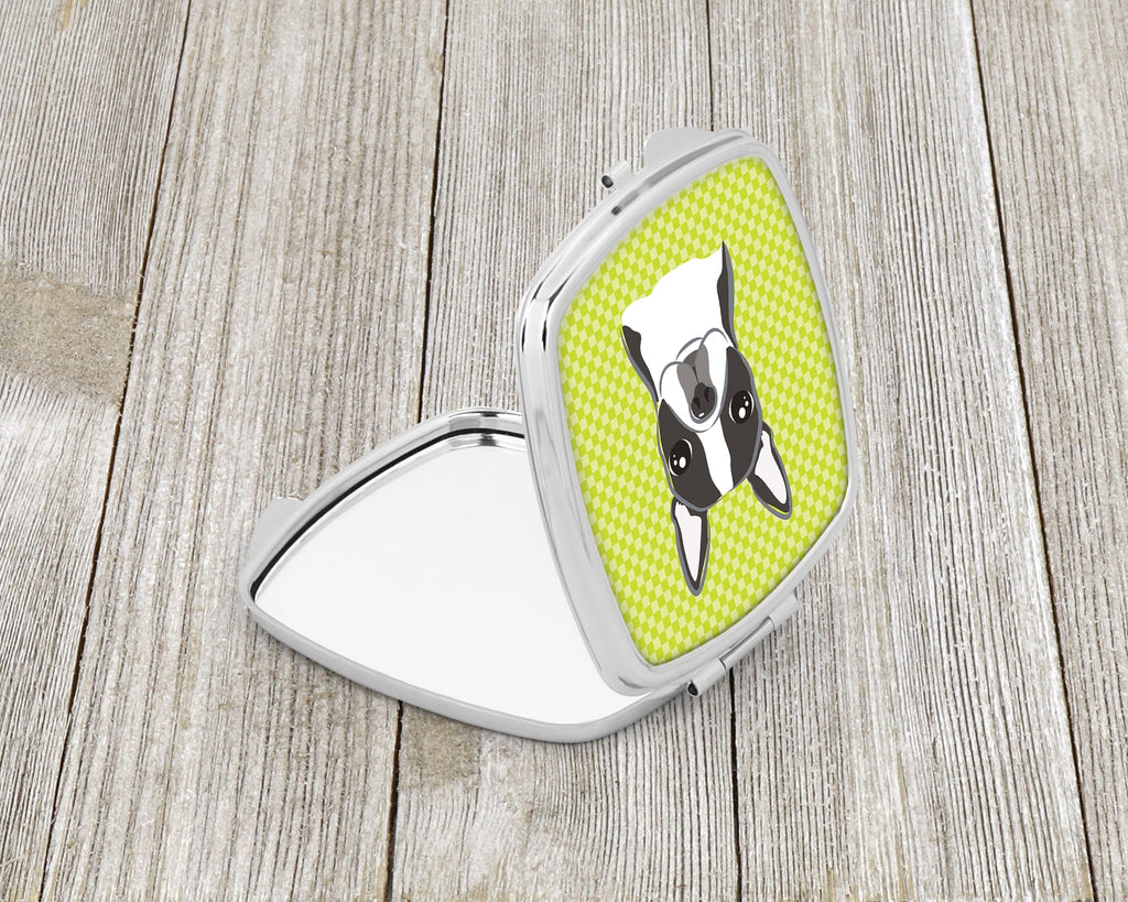 Lime Checkered Boston Terrier Compact Mirror Decorative Travel Makeup Mirror for Women Girls Gifts Pocket Makeup Mirror Folding Handheld