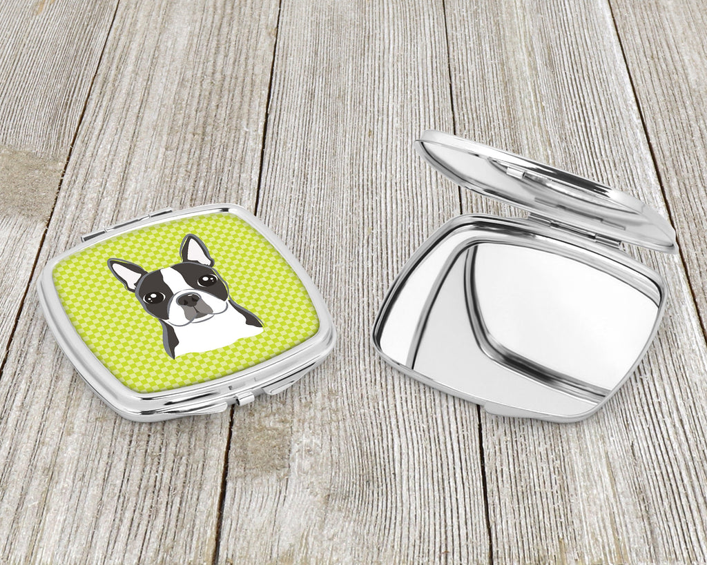 Lime Checkered Boston Terrier Compact Mirror Decorative Travel Makeup Mirror for Women Girls Gifts Pocket Makeup Mirror Folding Handheld