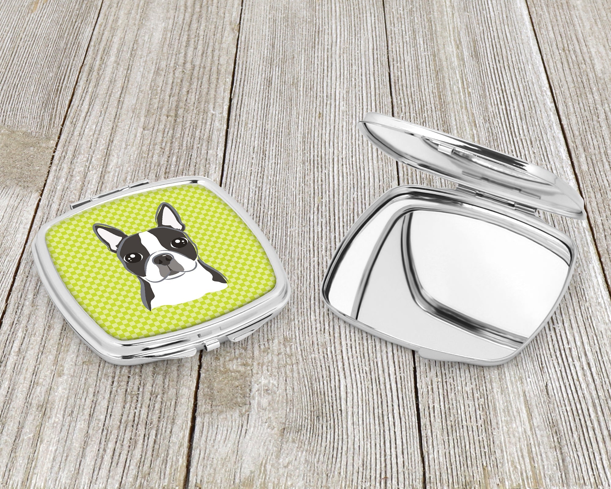 Lime Checkered Boston Terrier Compact Mirror Decorative Travel Makeup Mirror for Women Girls Gifts Pocket Makeup Mirror Folding Handheld