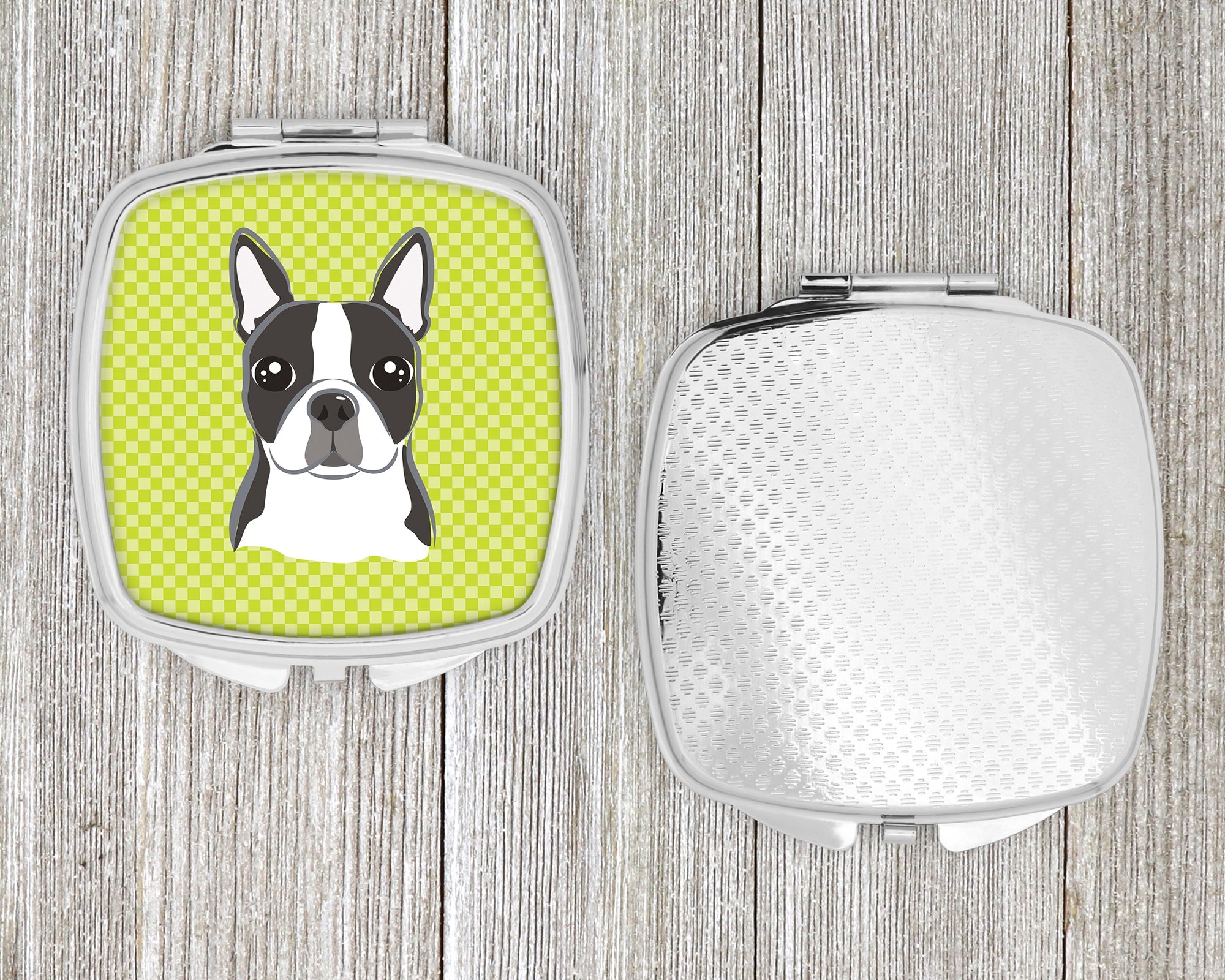 Lime Checkered Boston Terrier Compact Mirror Decorative Travel Makeup Mirror for Women Girls Gifts Pocket Makeup Mirror Folding Handheld