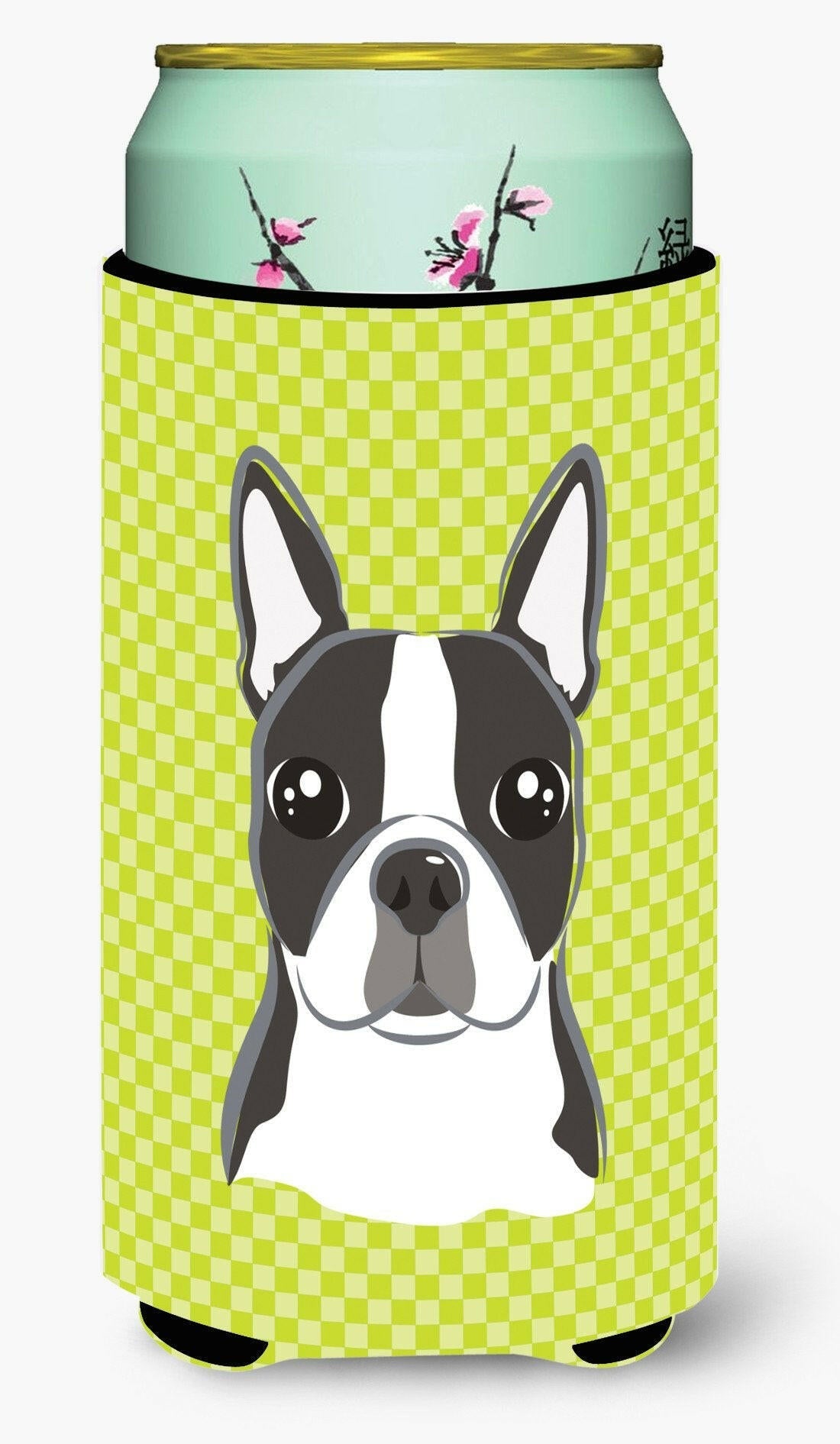 Lime Checkered Boston Terrier Tall Boy Hugger Can Cooler Sleeve Machine Washable Drink Collapsible Insulator Beverage Insulated Holder