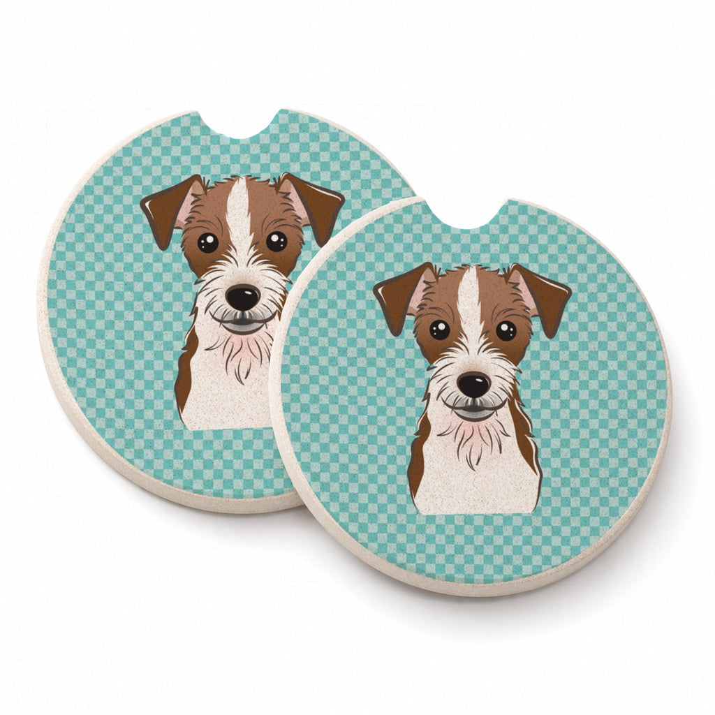 Checkerboard Blue Jack Russell Terrier Set of 2 Cup Holder Car Coasters Absorbent Round Sandstone Coasters Gifts for Men or Women, 2.5, Multicolor