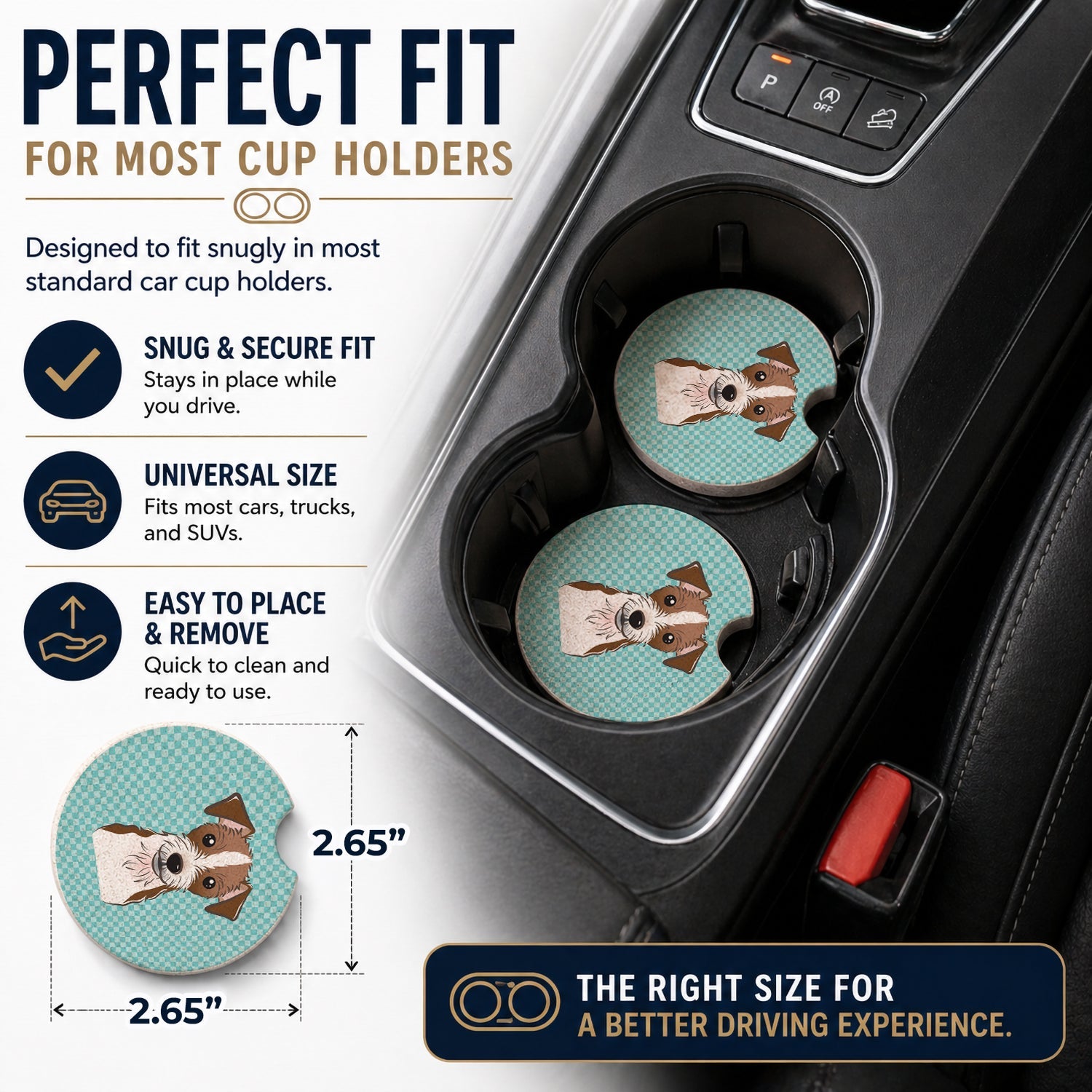 Checkerboard Blue Jack Russell Terrier Set of 2 Cup Holder Car Coasters Absorbent Round Sandstone Coasters Gifts for Men or Women, 2.5, Multicolor