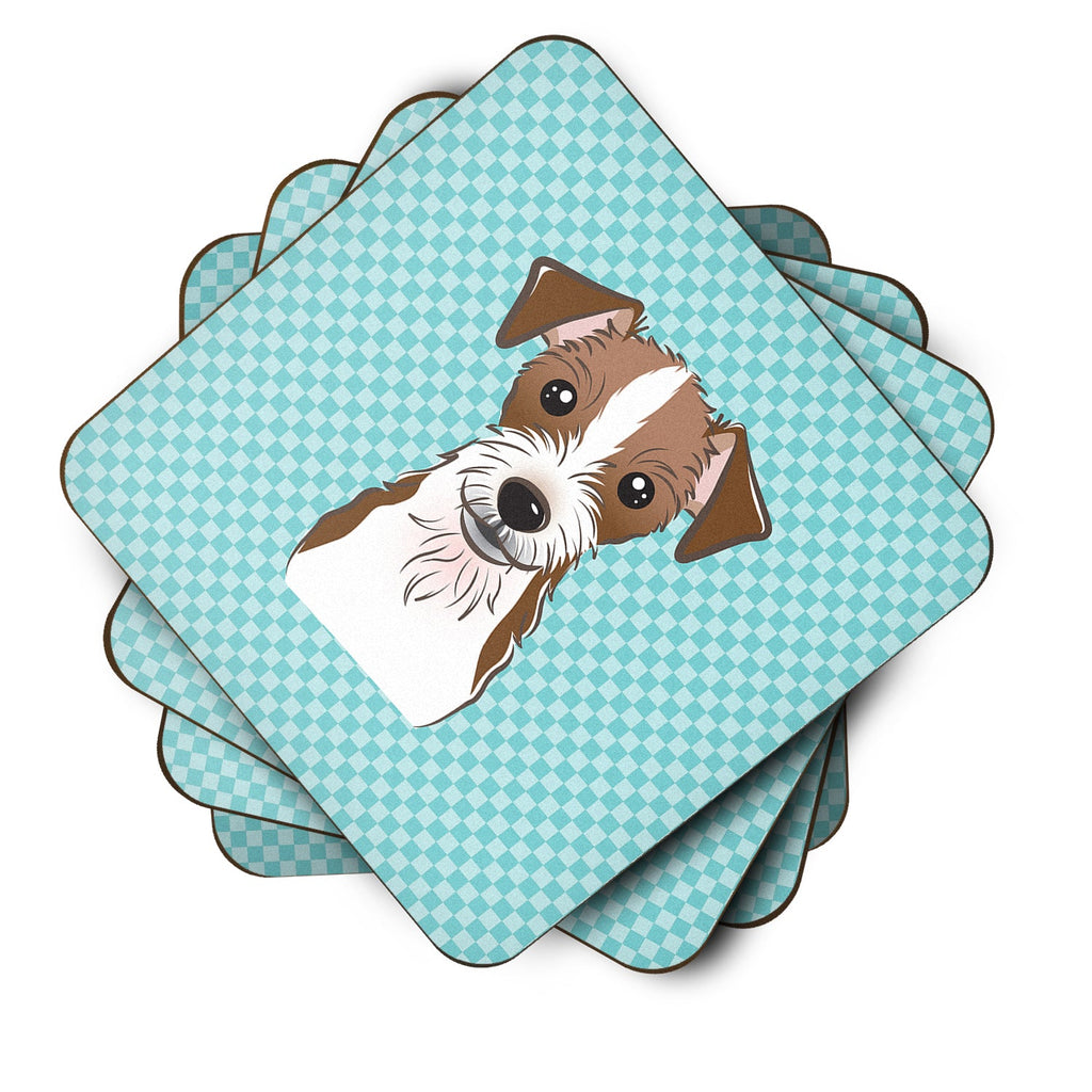 Checkerboard Blue Jack Russell Terrier Foam Coasters Set of 4 Cup Coasters for Indoor Outdoor, Tabletop Protection, Anti Slip, Mouse pad Material