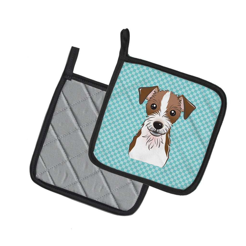 Checkerboard Blue Jack Russell Terrier Pot Holder Set of 2 Heat Resistant Quilted Hot Pads 7.5 x 7.5 Inch, Insulated Kitchen Trivets for Cooking & Baking