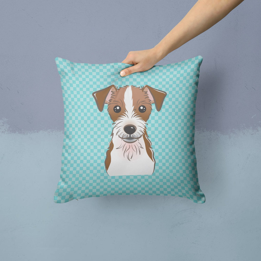 Checkerboard Blue Jack Russell Terrier Decorative Throw Pillow 14x14 Indoor Outdoor Accent Cushion, Fabric Cover with Insert for Sofa, Bed, Porch & Living Room