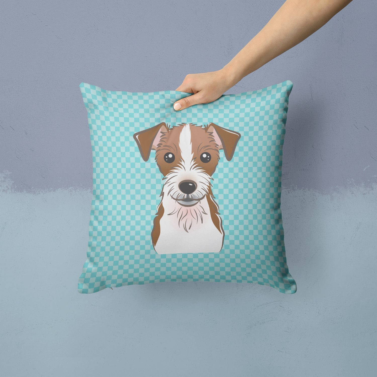 Checkerboard Blue Jack Russell Terrier Decorative Throw Pillow 14x14 Indoor Outdoor Accent Cushion, Fabric Cover with Insert for Sofa, Bed, Porch & Living Room
