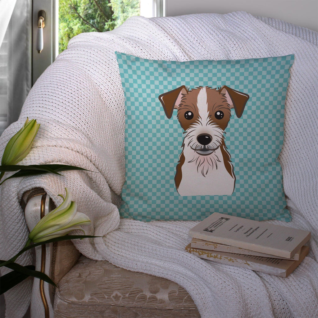 Checkerboard Blue Jack Russell Terrier Decorative Throw Pillow 14x14 Indoor Outdoor Accent Cushion, Fabric Cover with Insert for Sofa, Bed, Porch & Living Room