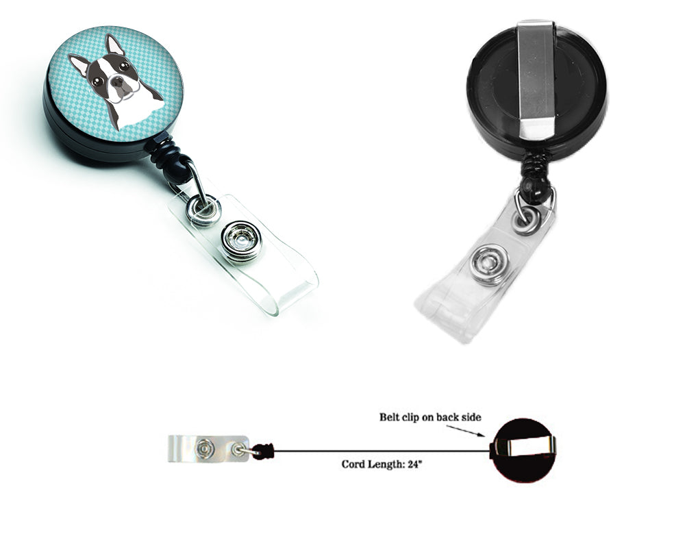Checkerboard Blue Boston Terrier Retractable Badge Reel for Nurses ID Badge Holder with Clip Retractable Employee Badge Holder, Belt Clip