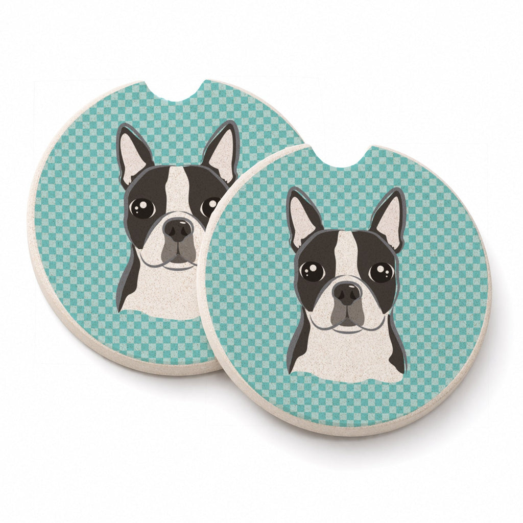 Checkerboard Blue Boston Terrier Set of 2 Cup Holder Car Coasters Absorbent Round Sandstone Coasters Gifts for Men or Women, 2.5, Multicolor