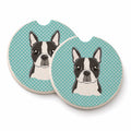 Checkerboard Blue Boston Terrier Set of 2 Cup Holder Car Coasters Absorbent Round Sandstone Coasters Gifts for Men or Women, 2.5, Multicolor