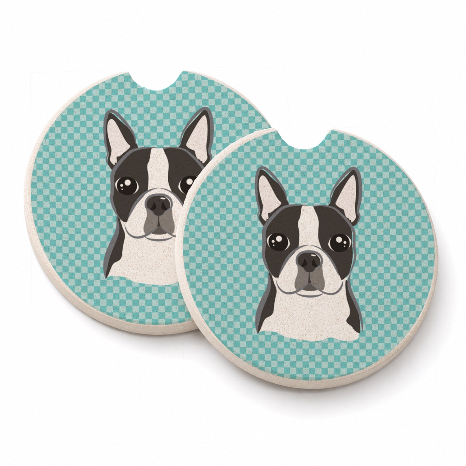 Checkerboard Blue Boston Terrier Set of 2 Cup Holder Car Coasters Absorbent Round Sandstone Coasters Gifts for Men or Women, 2.5, Multicolor