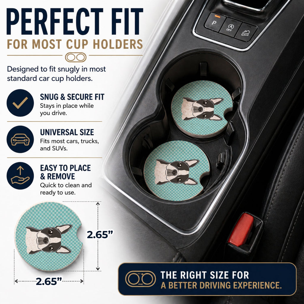 Checkerboard Blue Boston Terrier Set of 2 Cup Holder Car Coasters Absorbent Round Sandstone Coasters Gifts for Men or Women, 2.5, Multicolor