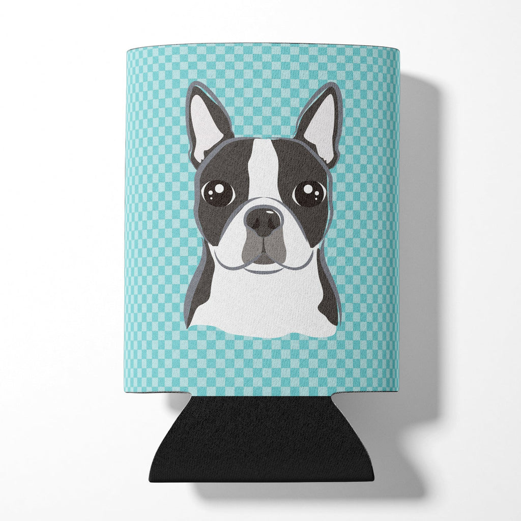 Checkerboard Blue Boston Terrier Can or Bottle Hugger Cooler Sleeve for Standard 12 oz Cans, Insulated Foam Beer & Soda Can Hugger Reusable