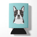 Checkerboard Blue Boston Terrier Can or Bottle Hugger Cooler Sleeve for Standard 12 oz Cans, Insulated Foam Beer & Soda Can Hugger Reusable
