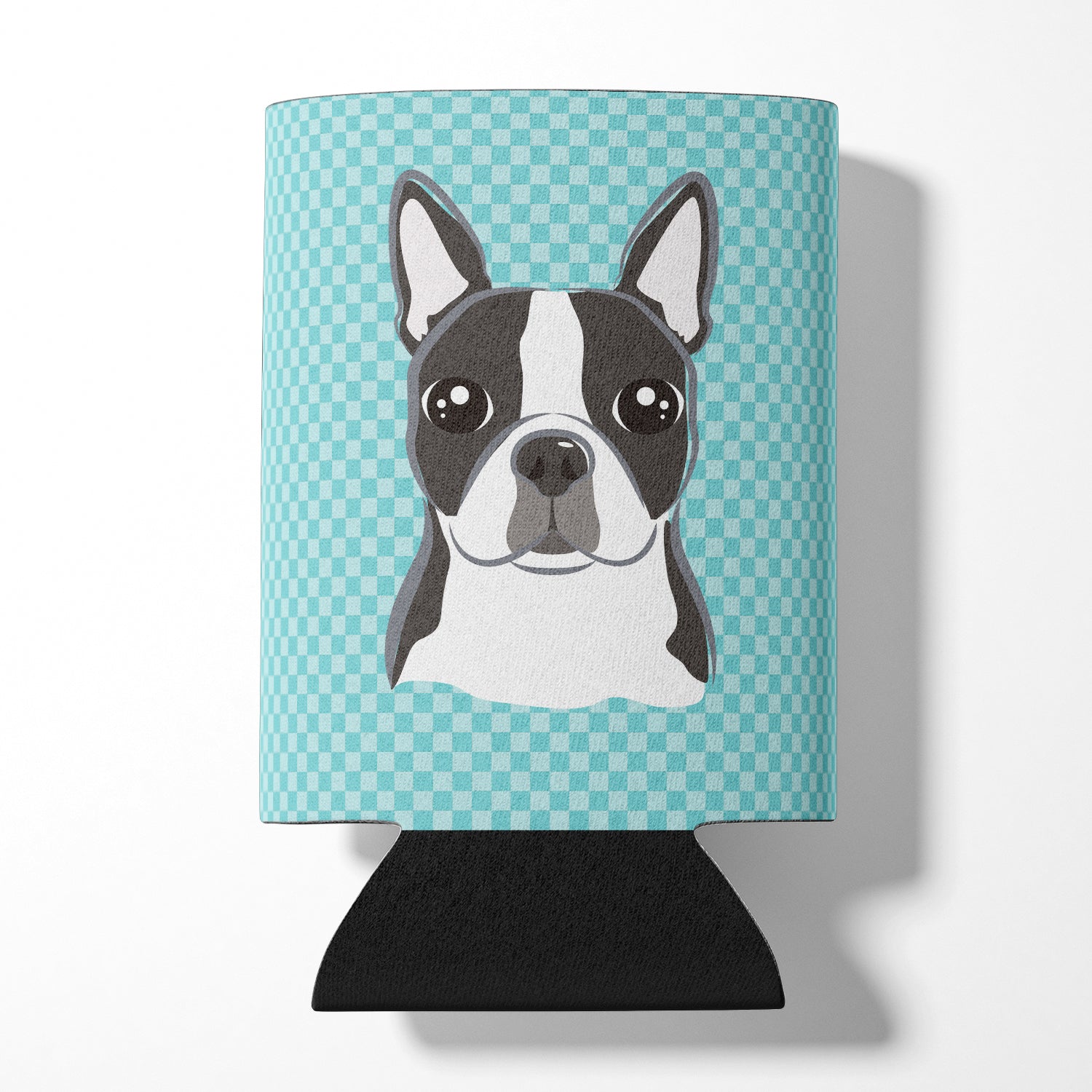 Checkerboard Blue Boston Terrier Can or Bottle Hugger Cooler Sleeve for Standard 12 oz Cans, Insulated Foam Beer & Soda Can Hugger Reusable