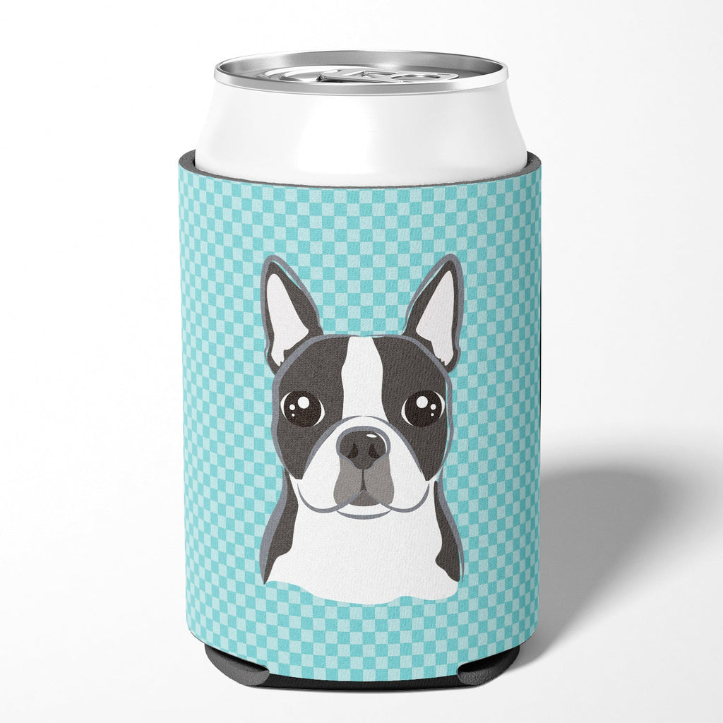 Checkerboard Blue Boston Terrier Can or Bottle Hugger Cooler Sleeve for Standard 12 oz Cans, Insulated Foam Beer & Soda Can Hugger Reusable