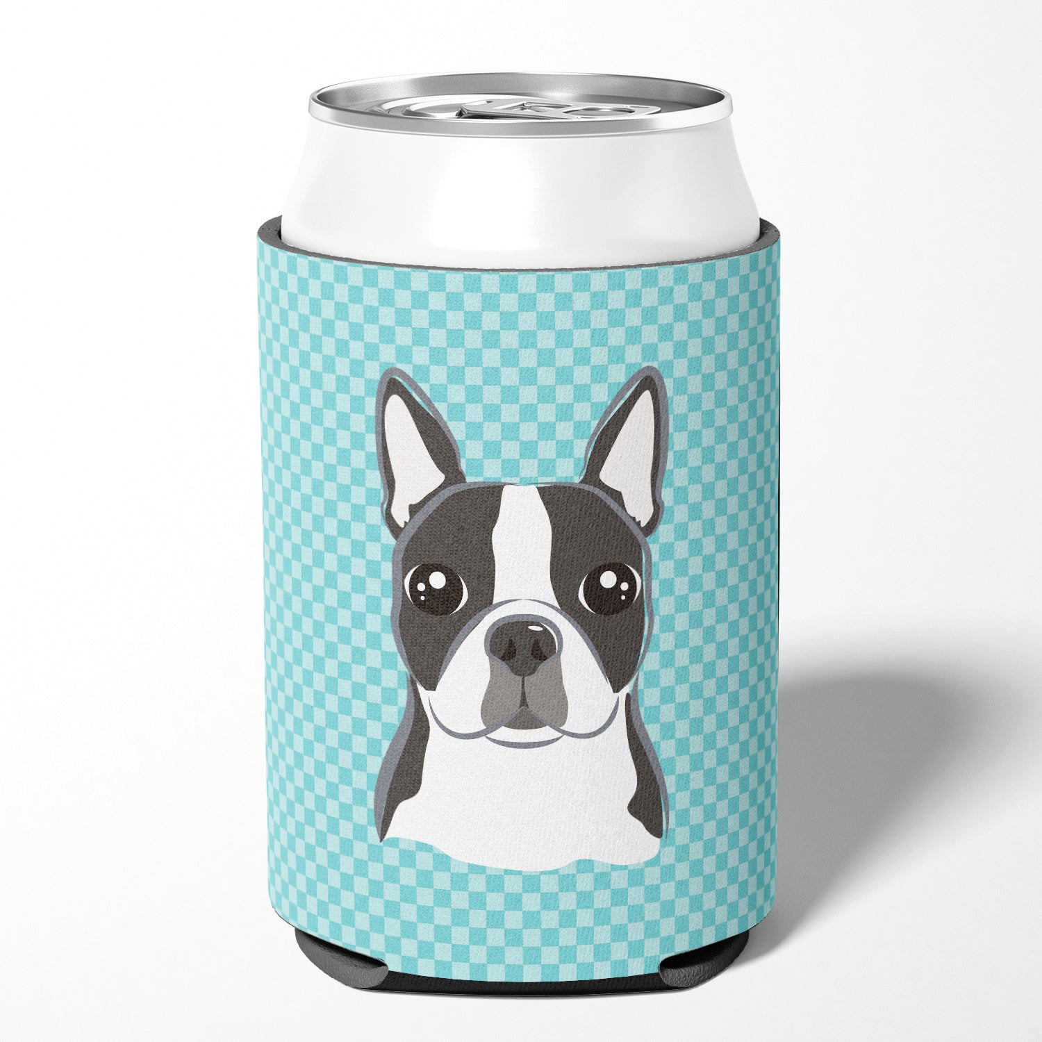 Checkerboard Blue Boston Terrier Can or Bottle Hugger Cooler Sleeve for Standard 12 oz Cans, Insulated Foam Beer & Soda Can Hugger Reusable