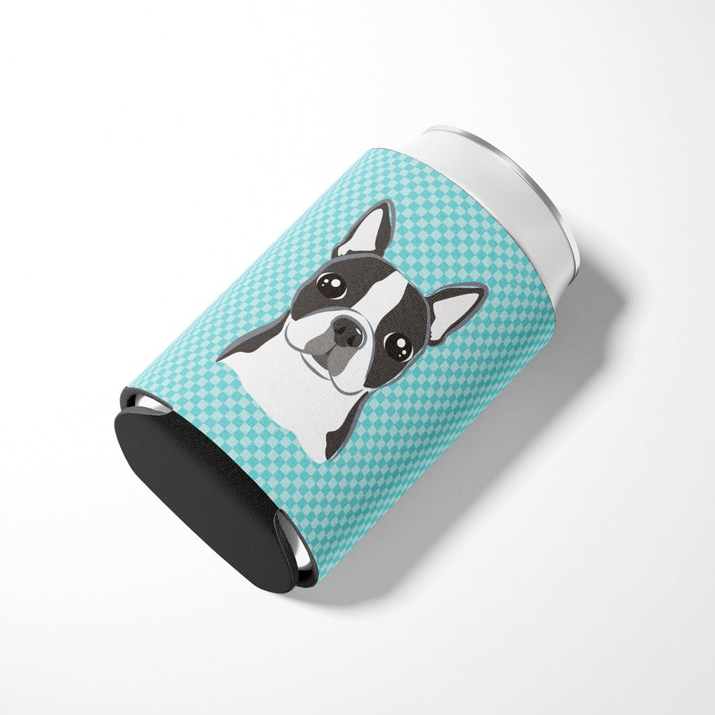 Checkerboard Blue Boston Terrier Can or Bottle Hugger Cooler Sleeve for Standard 12 oz Cans, Insulated Foam Beer & Soda Can Hugger Reusable