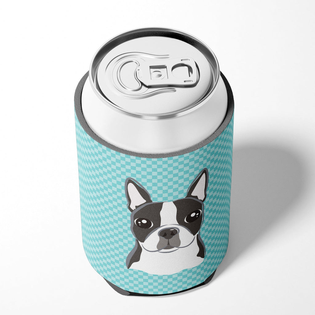 Checkerboard Blue Boston Terrier Can or Bottle Hugger Cooler Sleeve for Standard 12 oz Cans, Insulated Foam Beer & Soda Can Hugger Reusable