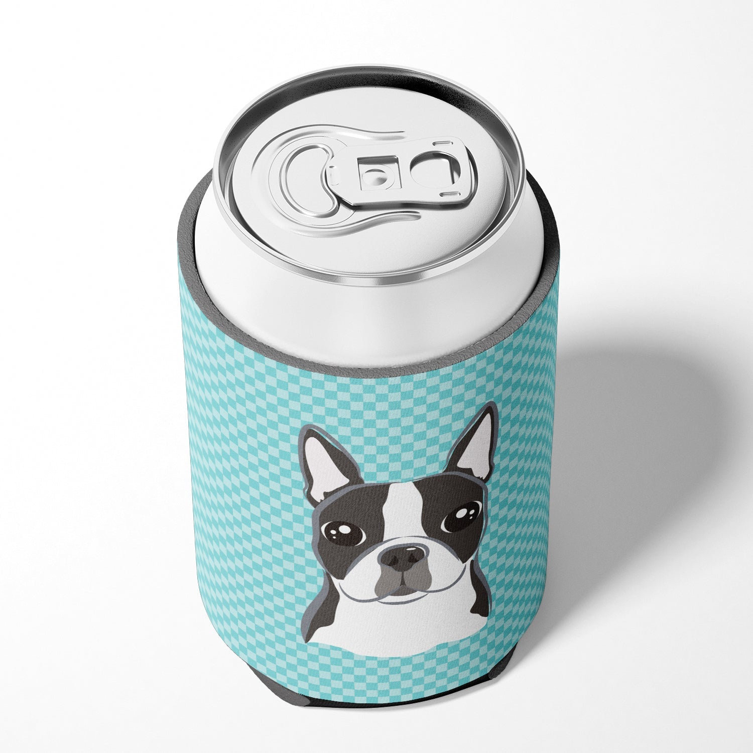 Checkerboard Blue Boston Terrier Can or Bottle Hugger Cooler Sleeve for Standard 12 oz Cans, Insulated Foam Beer & Soda Can Hugger Reusable