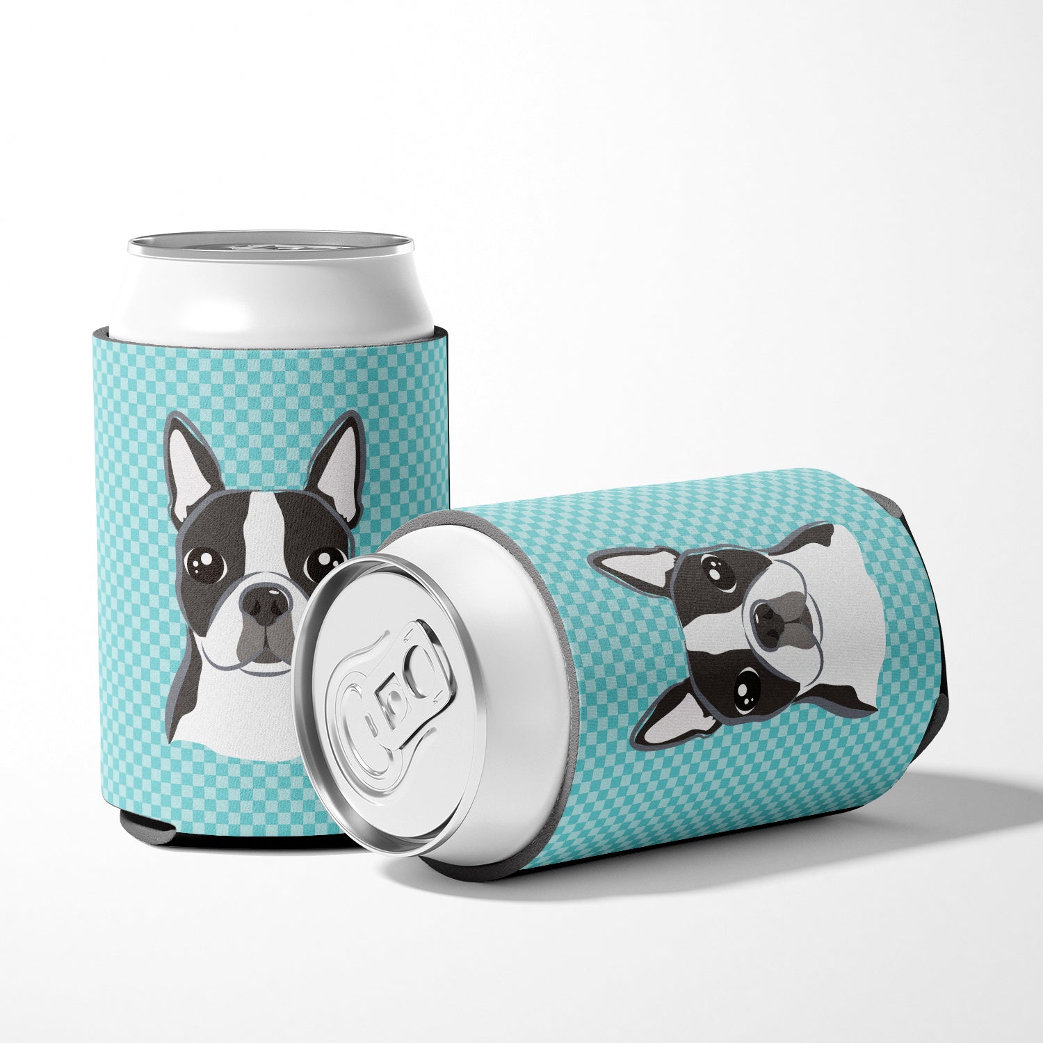 Checkerboard Blue Boston Terrier Can or Bottle Hugger Cooler Sleeve for Standard 12 oz Cans, Insulated Foam Beer & Soda Can Hugger Reusable