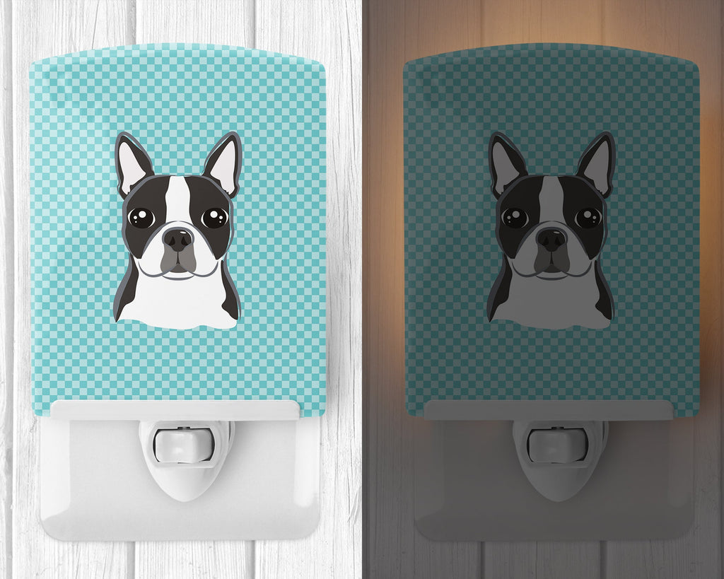 Checkerboard Blue Boston Terrier Ceramic Night Light Compact, UL-Certified, Ideal for Bedroom, Bathroom, Nursery, Hallway, Kitchen, 6x4x3, Multicolor