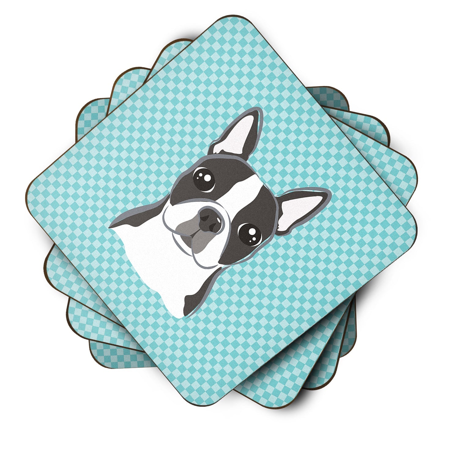 Checkerboard Blue Boston Terrier Foam Coasters Set of 4 Cup Coasters for Indoor Outdoor, Tabletop Protection, Anti Slip, Mouse pad Material