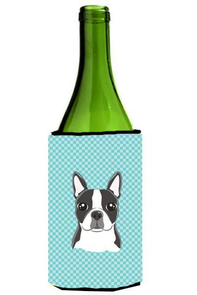 Checkerboard Blue Boston Terrier Wine Bottle Hugger Gift Sleeve for Standard 750 ml Bottles, Insulated Reusable Also Fits Mini Shot & Pint Bottles