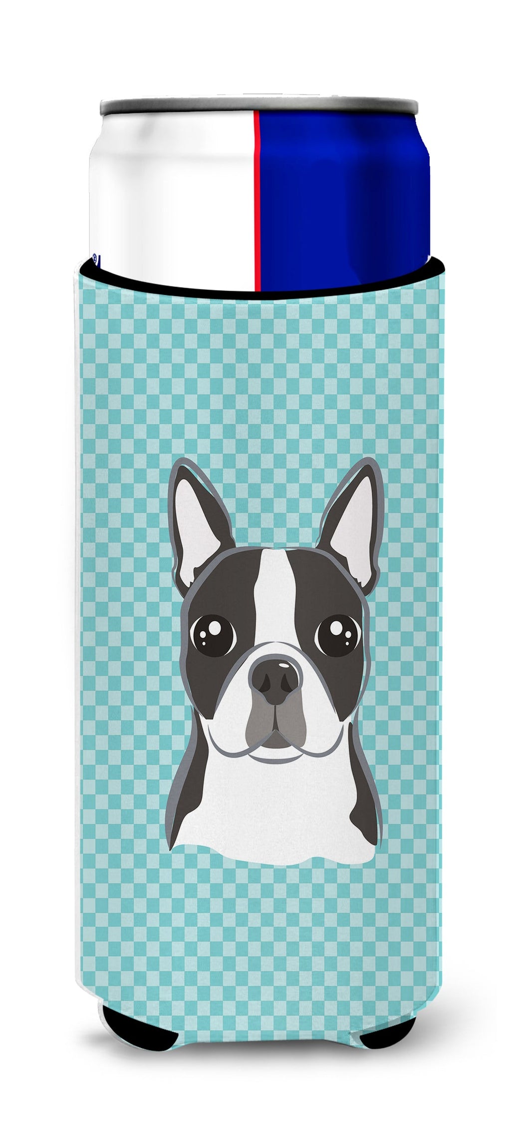 Checkerboard Blue Boston Terrier Slim Can Hugger , Insulated Foam Hugger for 12 oz Slim Cans, Beer Bottles & Water Bottles, Printed in USA