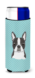 Checkerboard Blue Boston Terrier Slim Can Hugger , Insulated Foam Hugger for 12 oz Slim Cans, Beer Bottles & Water Bottles, Printed in USA