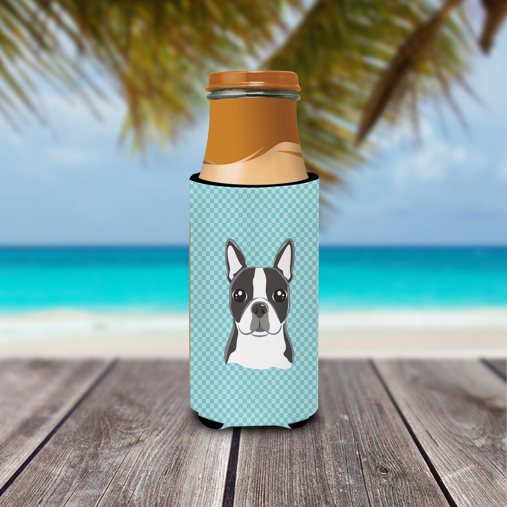 Checkerboard Blue Boston Terrier Slim Can Hugger , Insulated Foam Hugger for 12 oz Slim Cans, Beer Bottles & Water Bottles, Printed in USA