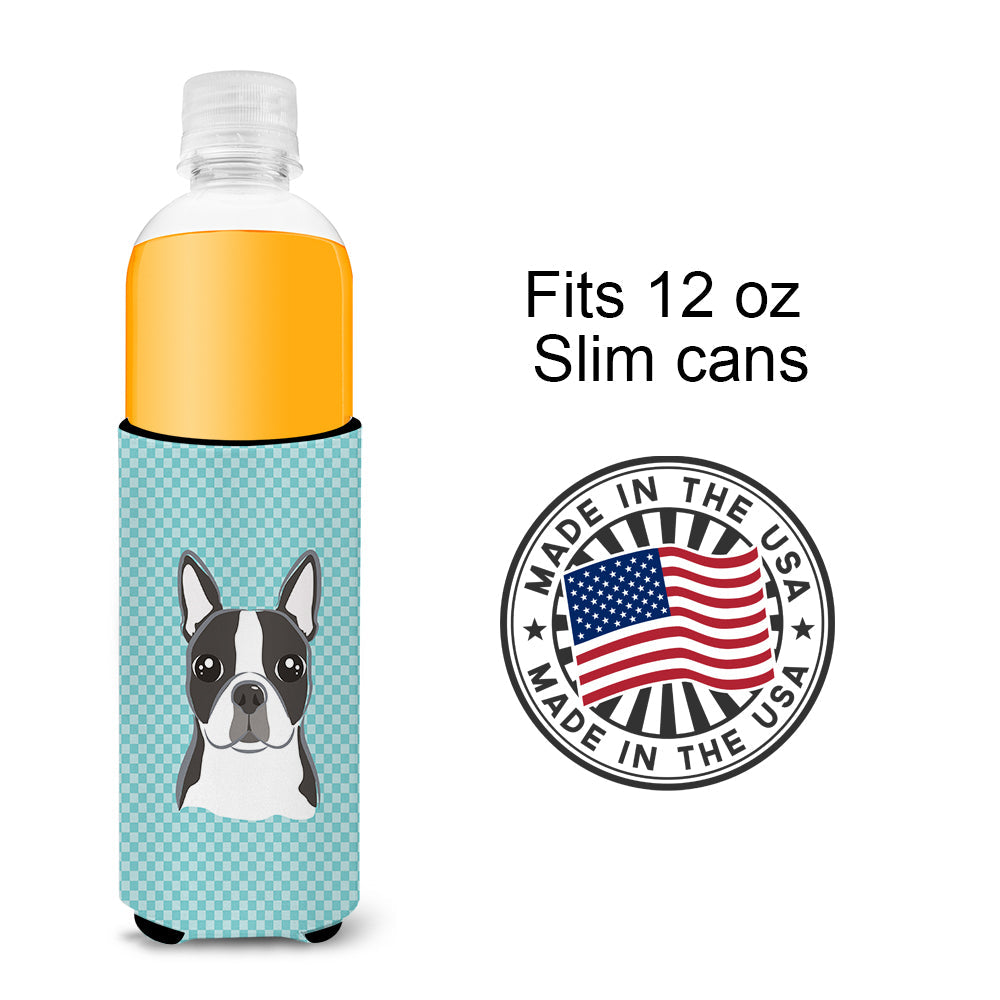 Checkerboard Blue Boston Terrier Slim Can Hugger , Insulated Foam Hugger for 12 oz Slim Cans, Beer Bottles & Water Bottles, Printed in USA