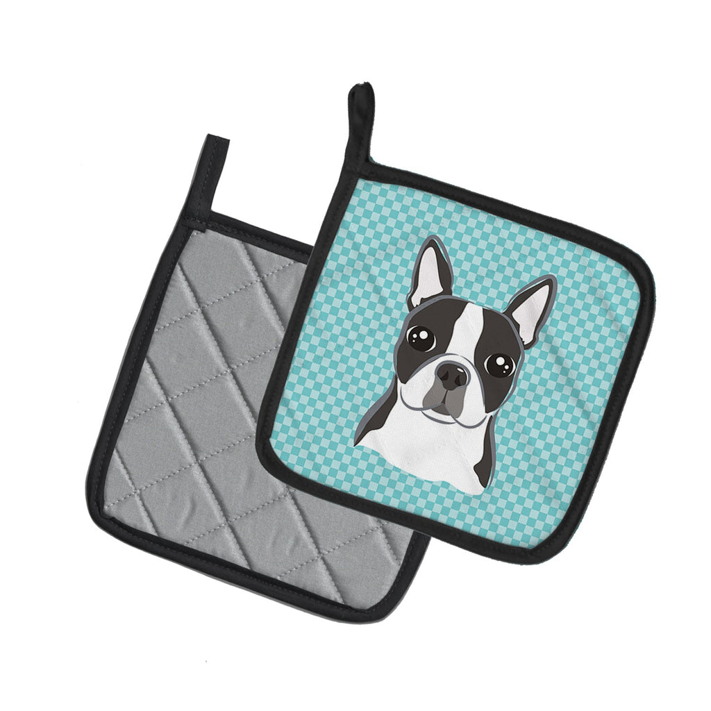 Checkerboard Blue Boston Terrier Pot Holder Set of 2 Heat Resistant Quilted Hot Pads 7.5 x 7.5 Inch, Insulated Kitchen Trivets for Cooking & Baking
